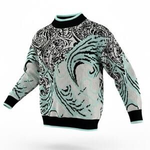 Vintage 90s Karen Lessly Metallic Sweater Abstract Print Blue Black M 90s 80s